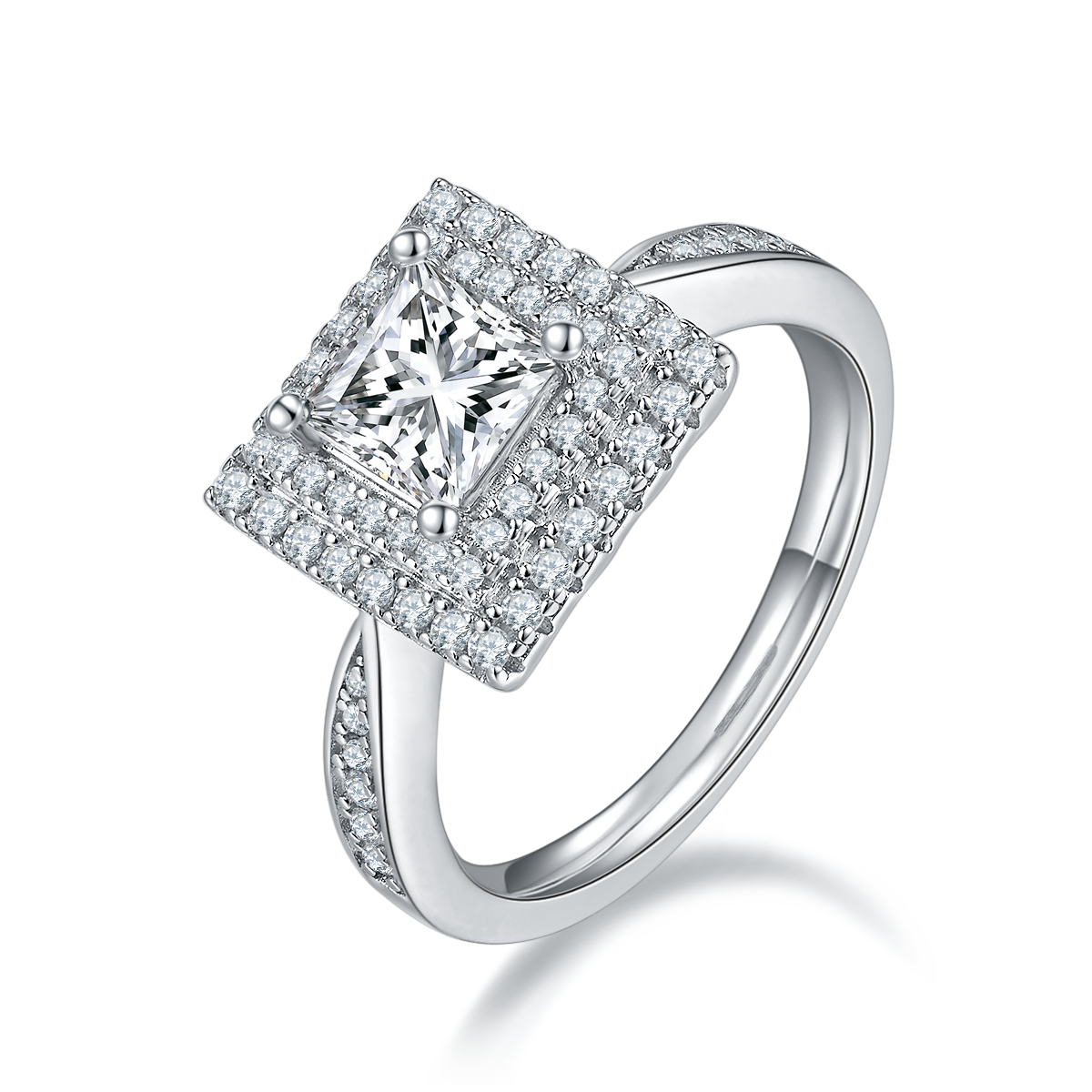 Deluxe Set Square S925 Silver Plated Platinum Moissanite Diamond Women's Ring 1.0 Carat D-Class
